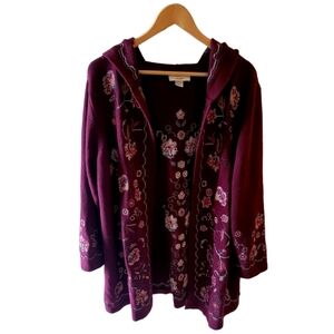 Christopher and Banks Vintage Crosstitched Floral Hooded Long Burgundy Cardigan